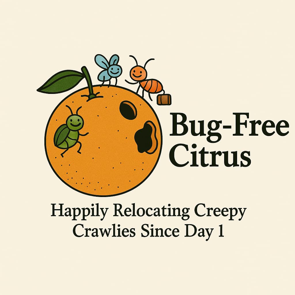 Bug-Free Citrus logo featuring an orange with bugs, representing expert pest control citrus county Florida and cockroach removal citrus county Florida.